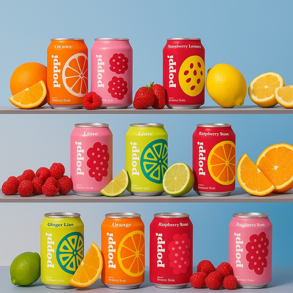 Variety of Poppi soda cans, lemons, oranges, and raspberries