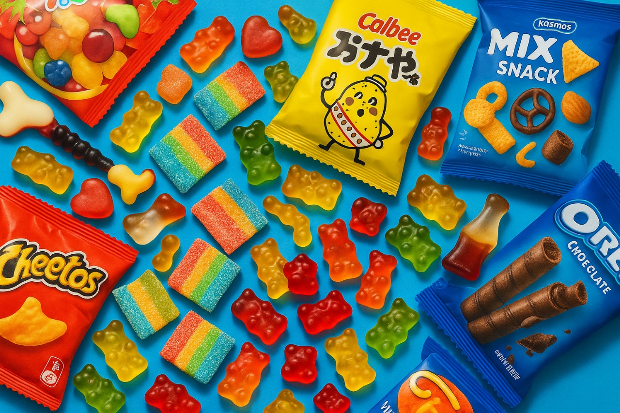 Assortment of snacks, candies, and chips